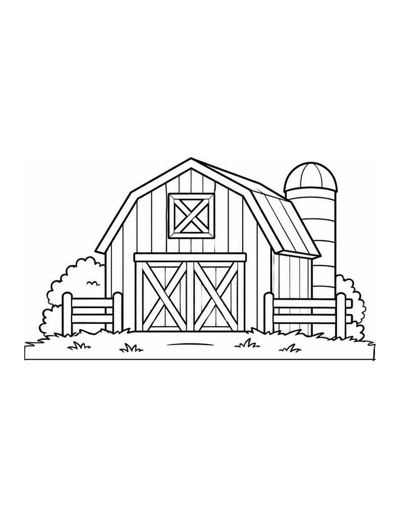 Barn Coloring Page for Kids — free printable black and white line art