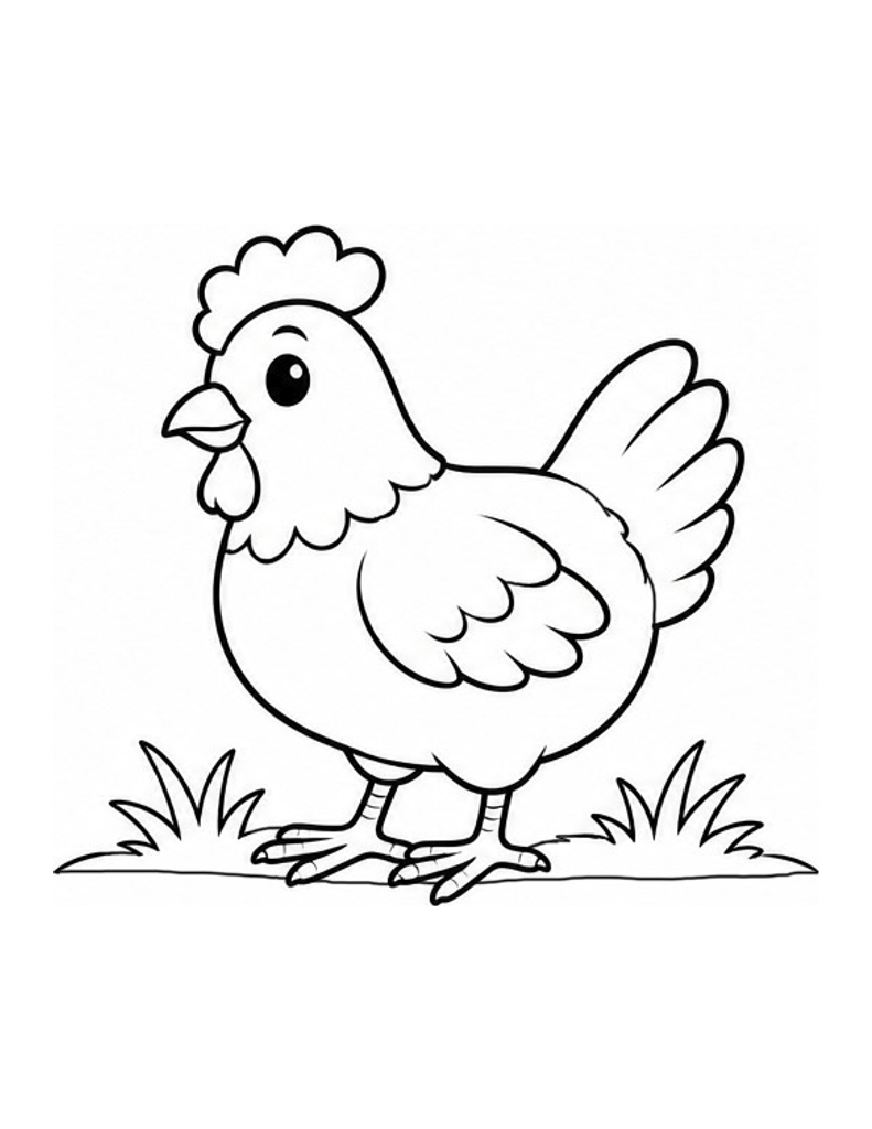 Chicken Coloring Page for Kids — free printable black and white line art