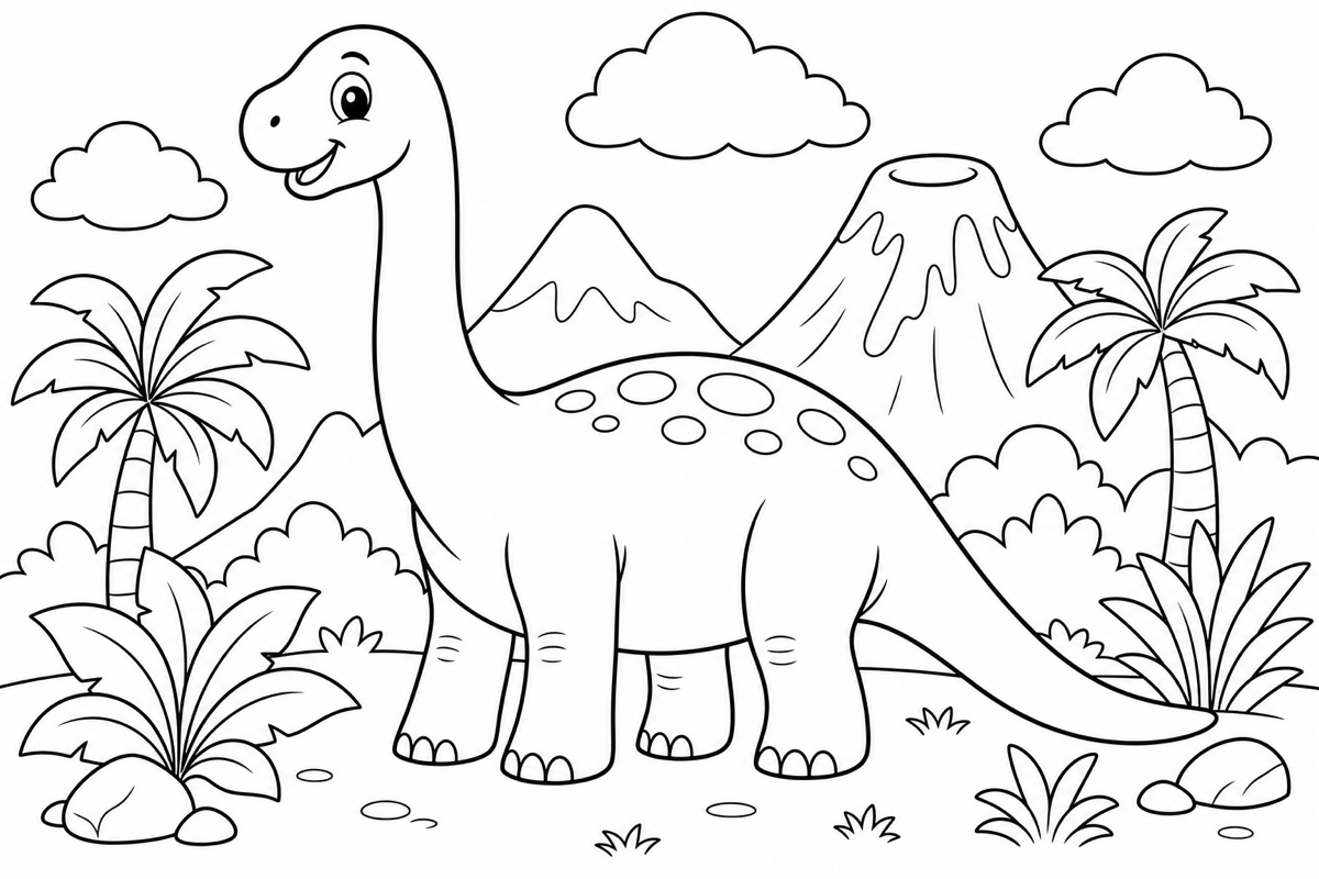 Dinosaur Coloring Page for Kids — free printable black and white line art