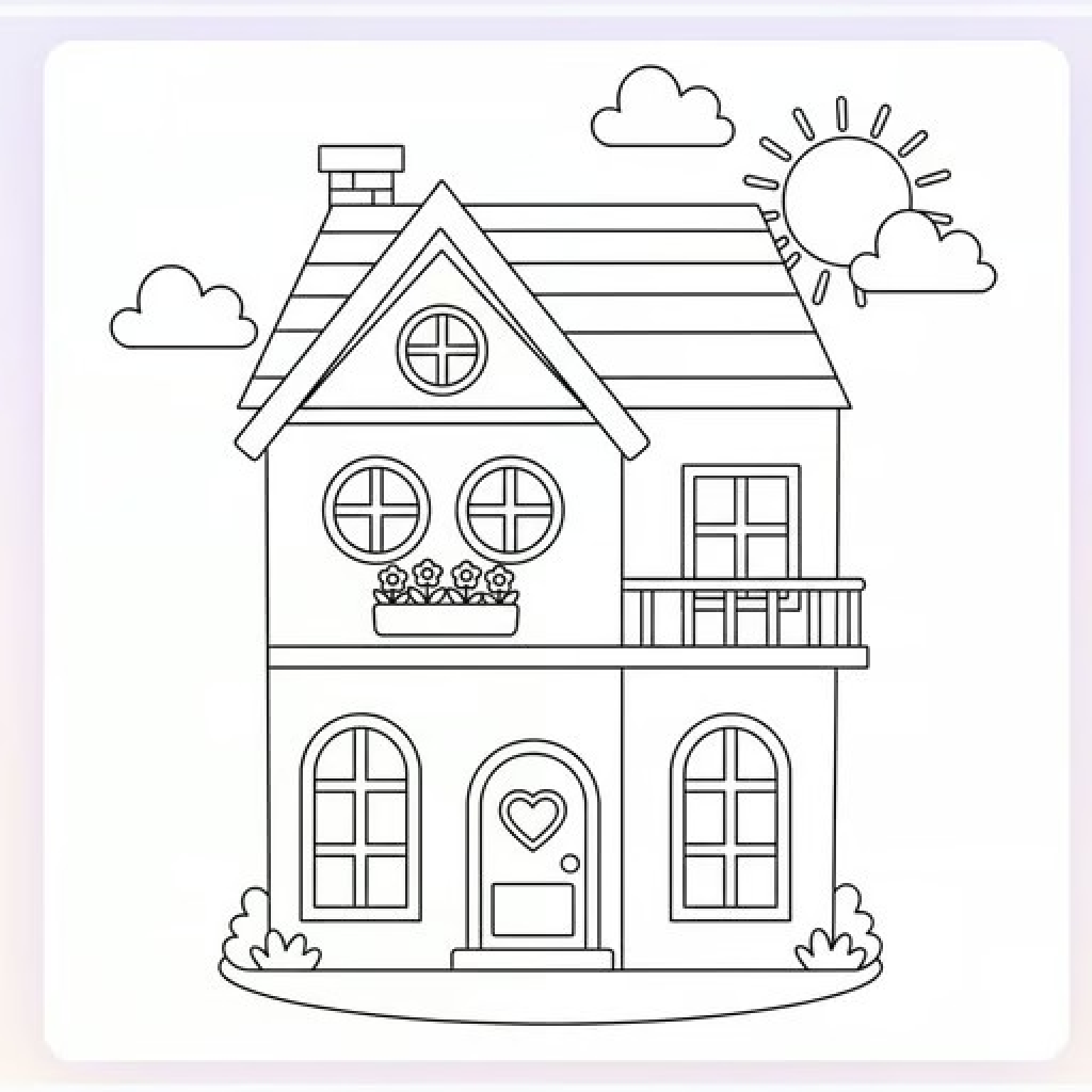 Dollhouse Coloring Page for Kids — free printable black and white line art