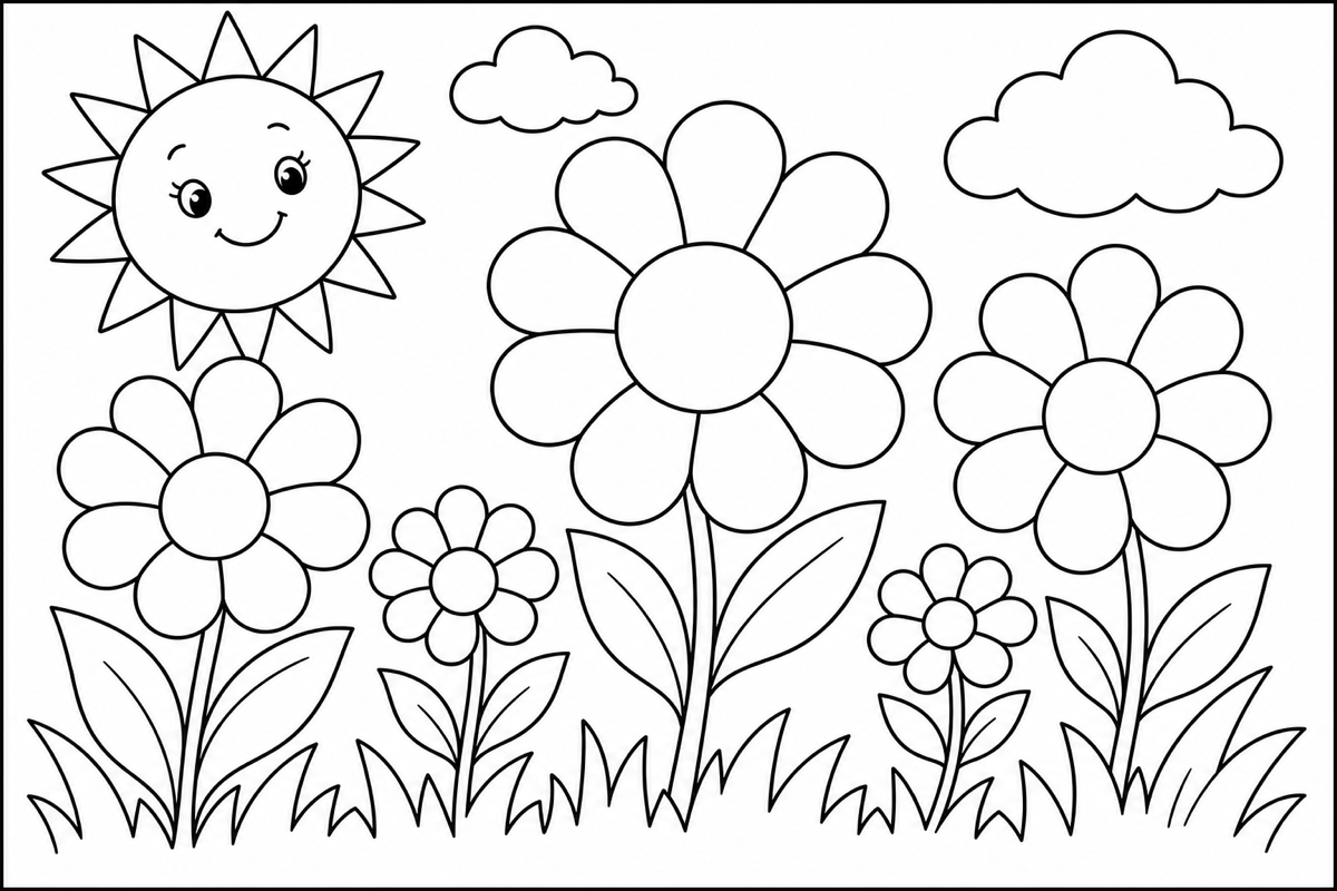 Flower Coloring Page for Kids — free printable black and white line art