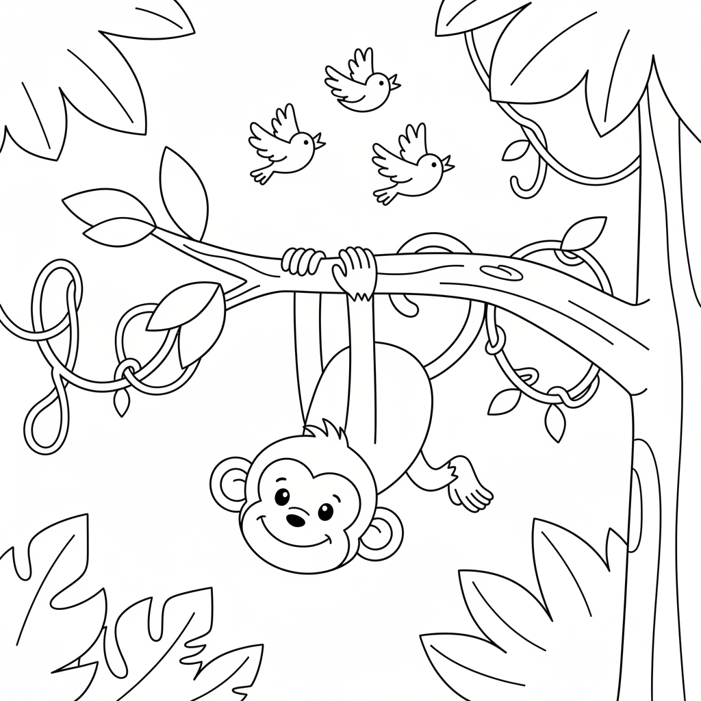 Monkey Coloring Page for Kids — free printable black and white line art