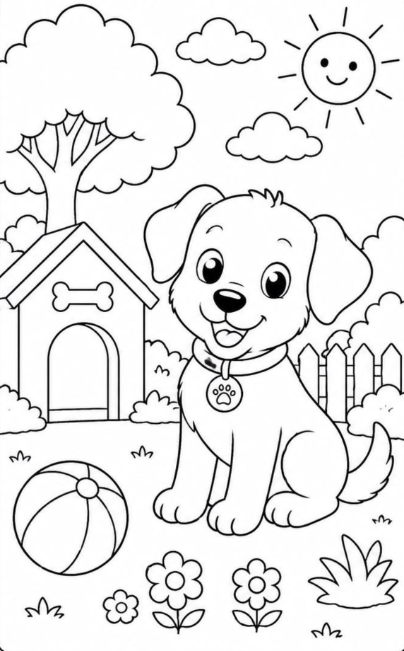 Puppy Coloring Page for Kids — free printable black and white line art