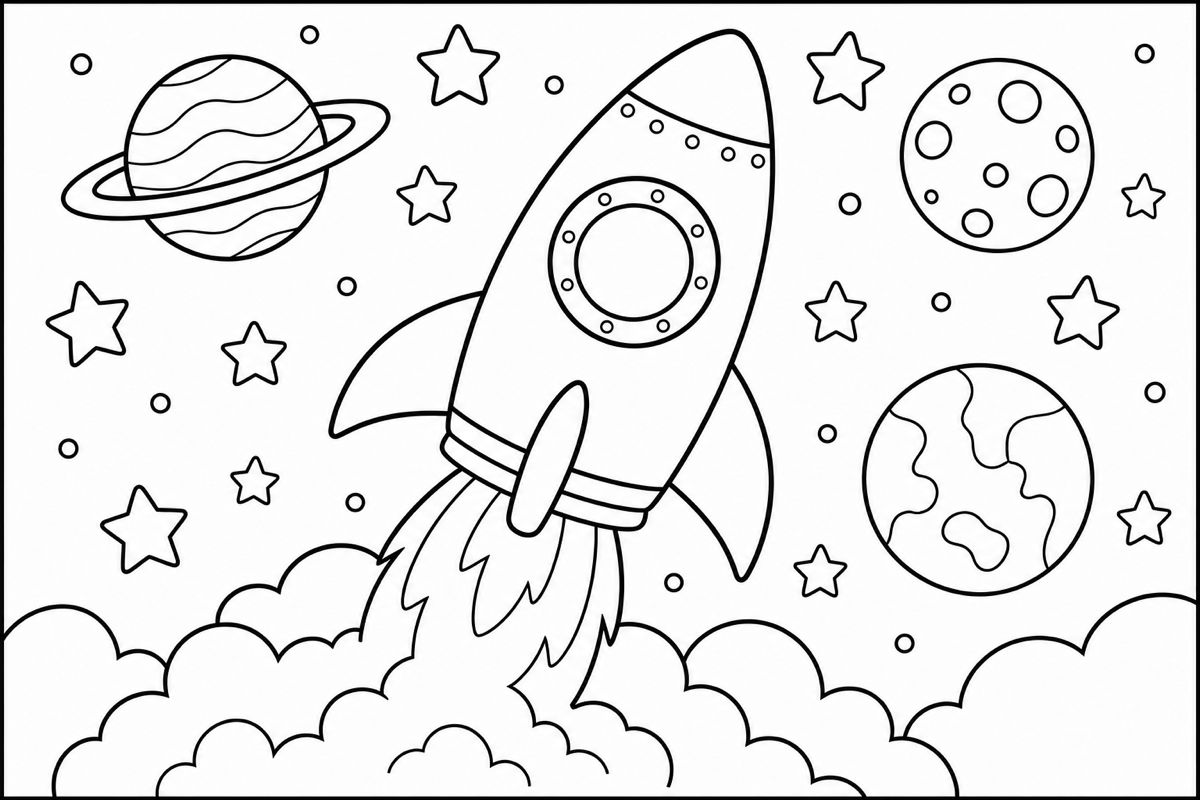 Rocket Coloring Page for Kids — free printable black and white line art