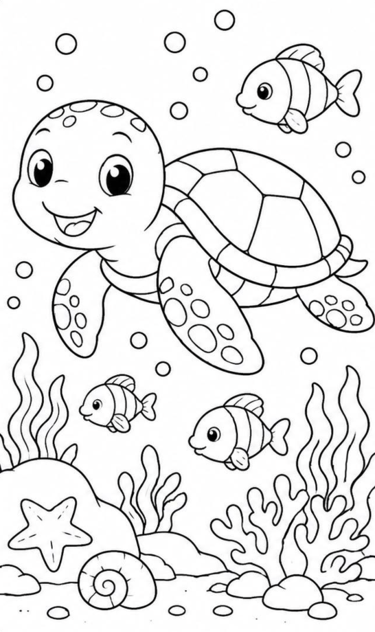 Sea Turtle Coloring Page for Kids — free printable black and white line art